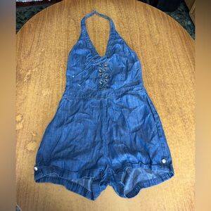 bebe Lace-Up Blue Jean Romper Size Medium •missing button•